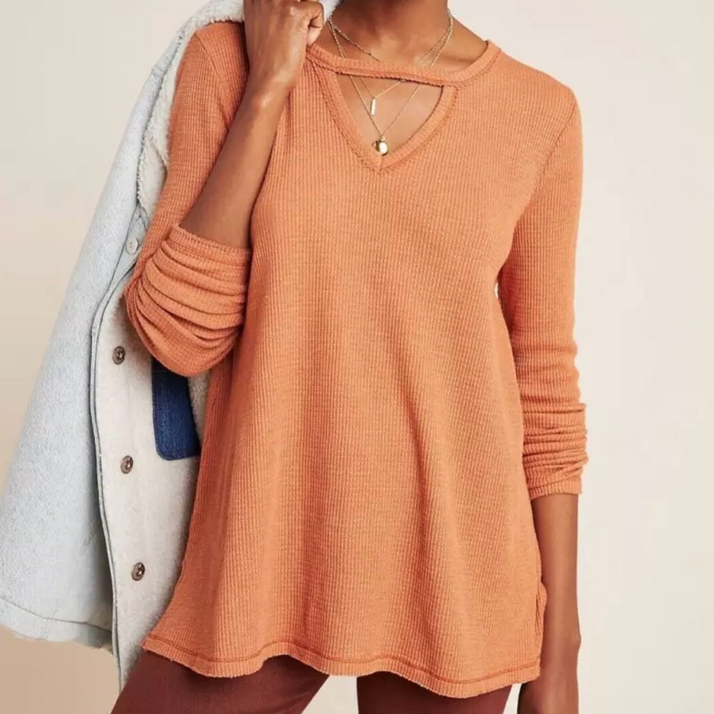 Anthropologie T.La burnt orange Nadia cut out thermal waffle tunic top